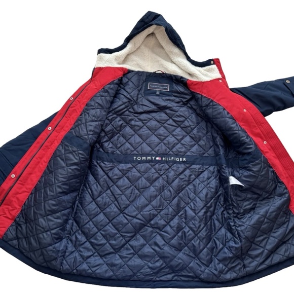 TH Tommy Hilfiger Women Hooded Parka Jacket Long Coat Dark Blue Navy Large - Picture 3 of 14